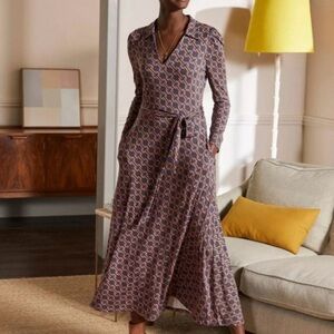 Boden Collar Jersey Midi Dress in “Ochre, Chain Geo” • Size 12